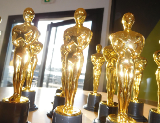 Plusieurs statuettes dorées ressemblant aux trophées des Oscars sont disposées sur une table. La lumière du soleil brille à travers une porte vitrée en arrière-plan, produisant des reflets sur les trophées.